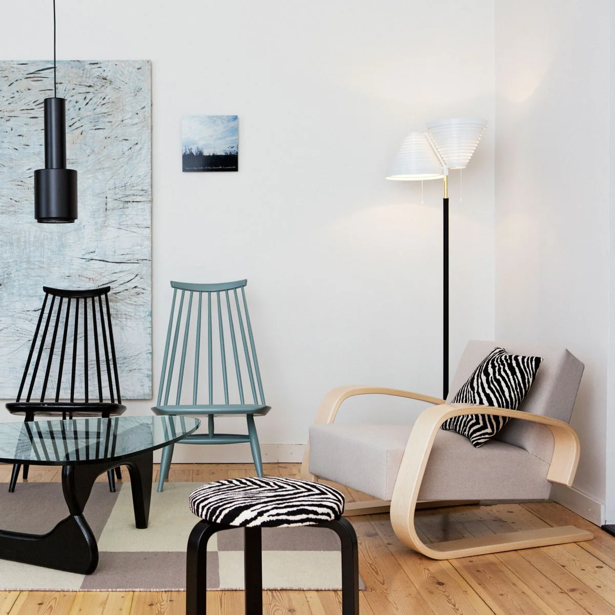 Artek Alvar Aalto Stool 60 - Three Legged Stool - Black Lacquered Legs with Zebra Upholstered Seat - Image 2