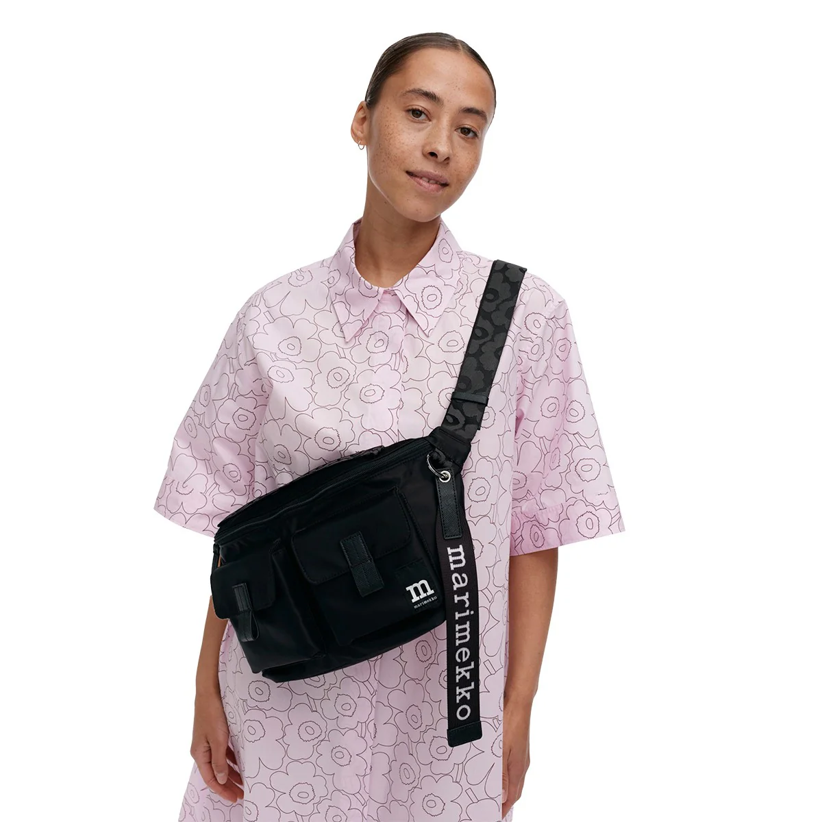 Marimekko Solid Black Medium Sling Shoulder Bag w/ Unikko Strap - Image 2