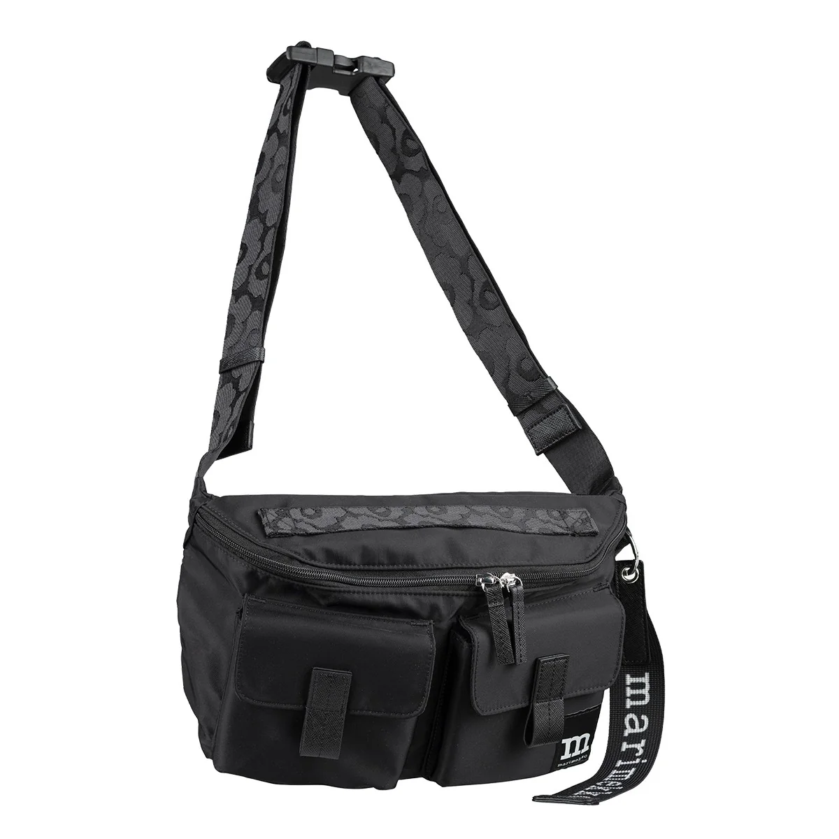 Marimekko Solid Black Medium Sling Shoulder Bag w/ Unikko Strap - Image 4