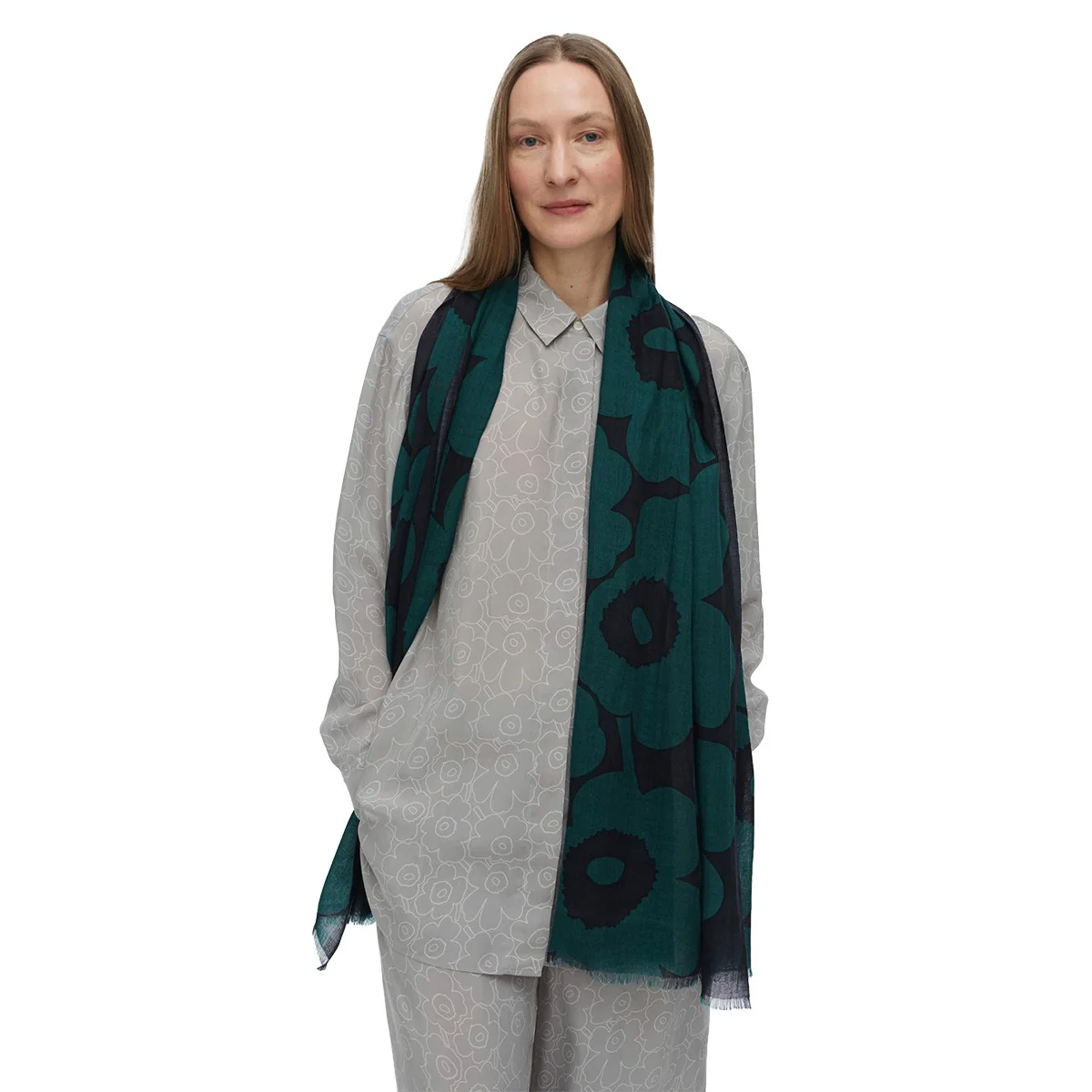 Marimekko Fiore Unikko Dark Green / Navy Sheer Wool Scarf - Image 2