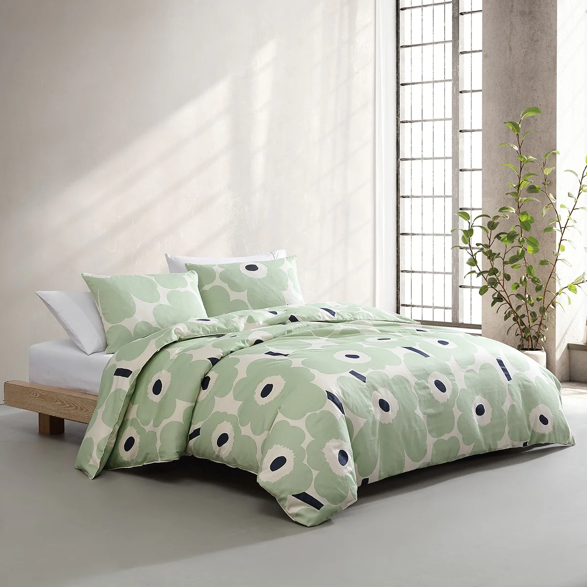 Marimekko Unikko Sage / Off White / Dark Blue Full / Queen Duvet Cover Set - Image 4