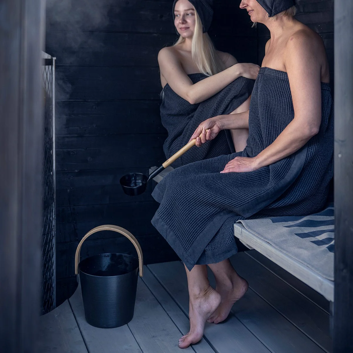 Rento Aluminum / Bamboo Black Sauna Pail & Ladle Set - Image 5