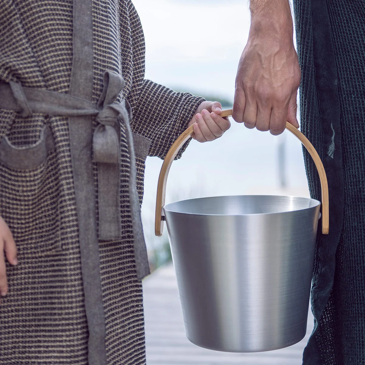 Rento Aluminum / Bamboo Silver Sauna Pail & Ladle Set - Image 2