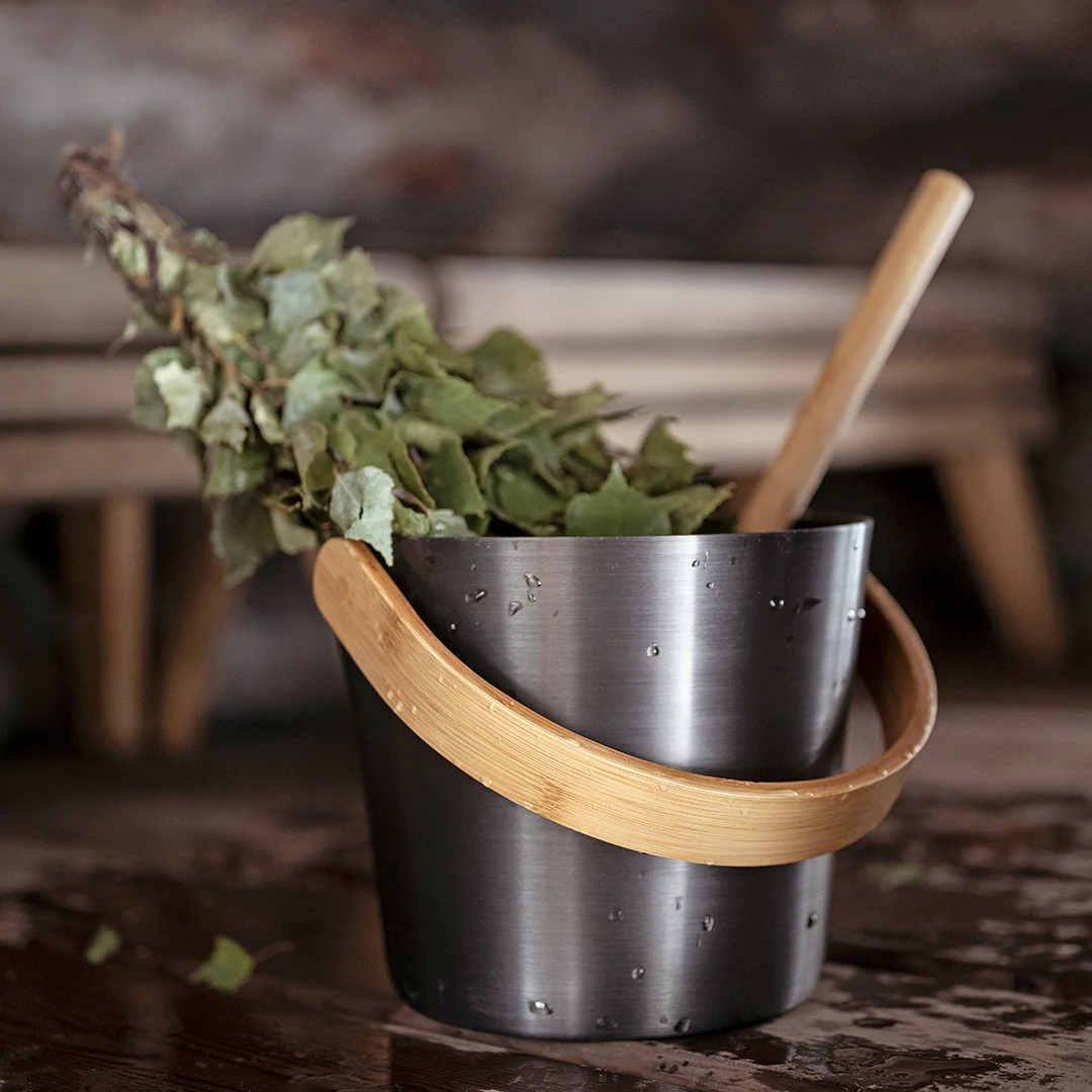 Rento Tar Brown Aluminum & Bamboo Sauna Pail - Image 2